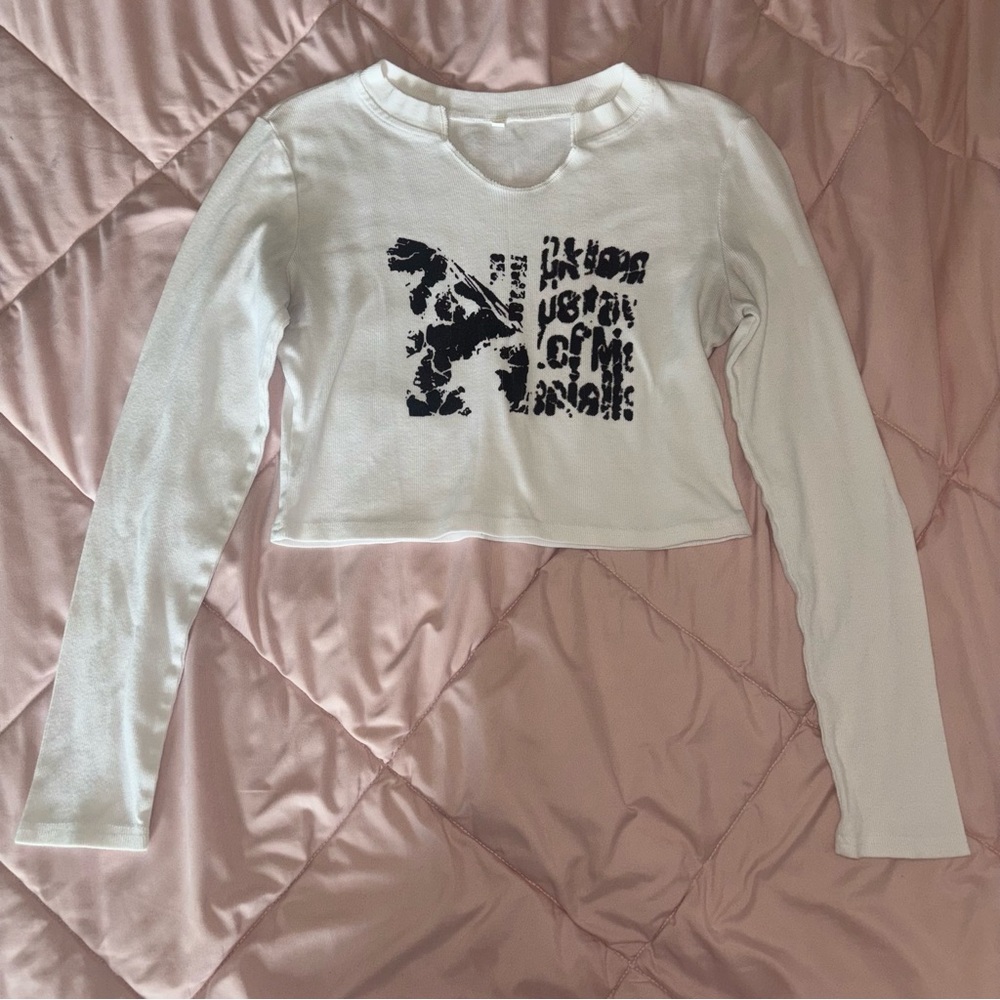 White Long Sleeve Crop Top with Graphic Print